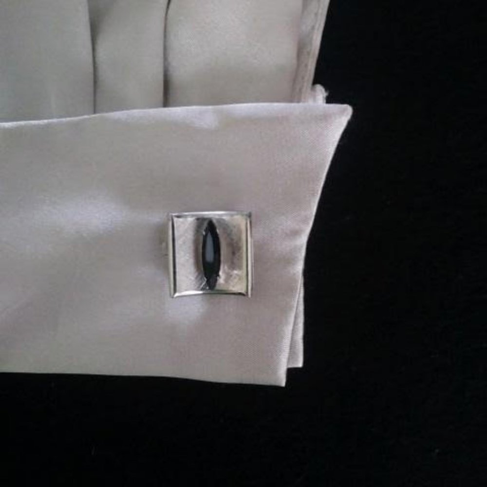 Vintage French Cuff Links - Silver with Black Stone